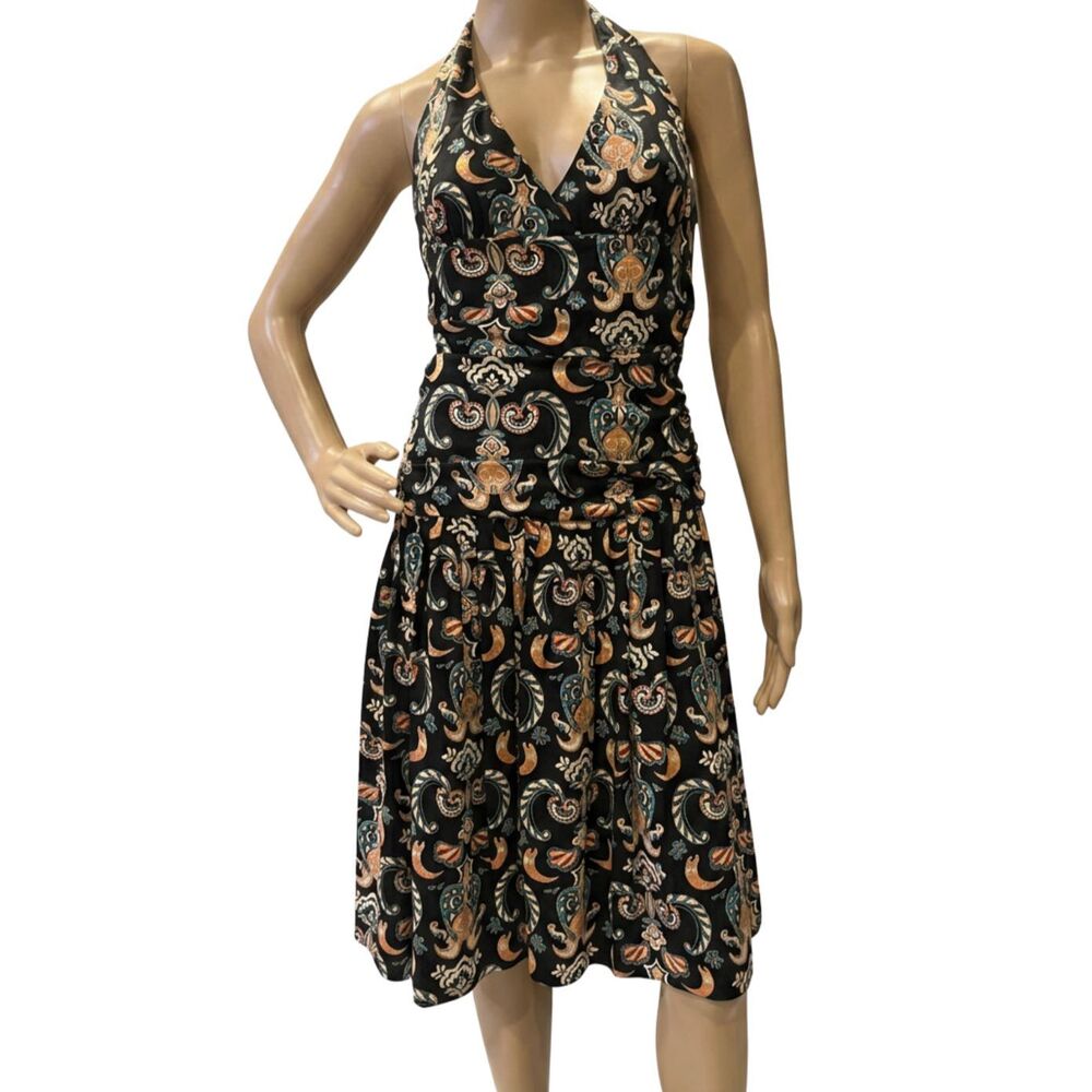 Nicole Miller Collection Archival 92% Silk Stretch Halter Midi Damask Dress Sz 4
